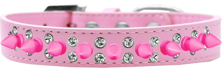 Double Crystal and Bright Pink Spikes Dog Collar Light Pink Size 16